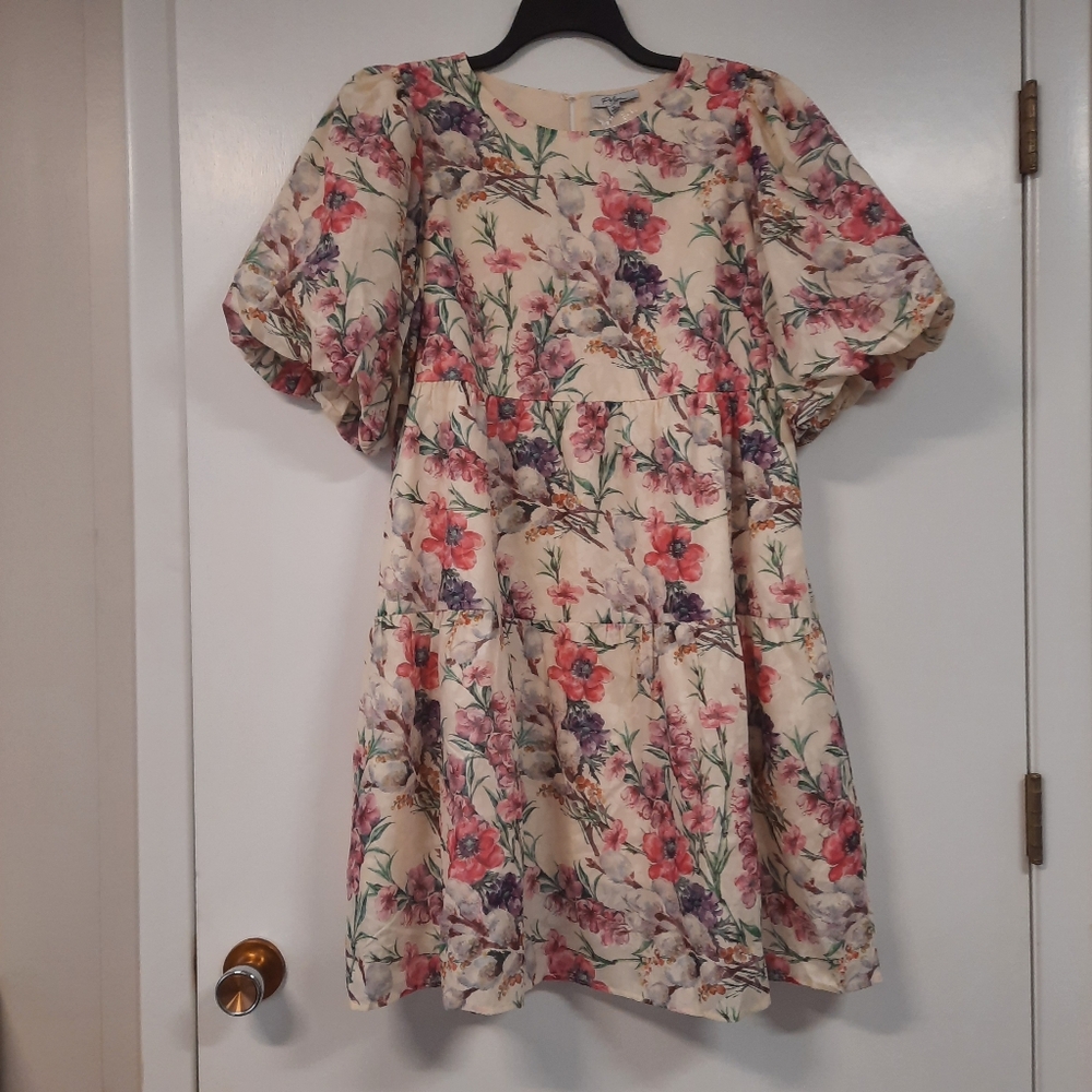Polagram Cream Floral Puff Sleeve Tiered Mini XL Sonia Dress Side Pockets NWT